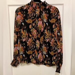 Mock neck Black Blouse with Vibrant Floral Design